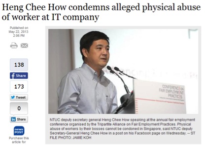 Heng Chee How Condemns Physical Abuse Of Workers