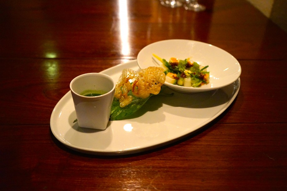 Puffed Beef Tendon, Asparagus, Pickled Quail Egg, Charred Onion - AspirantSG