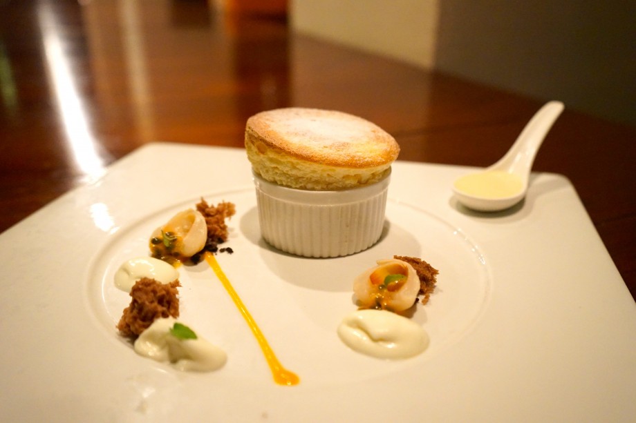 Passion Fruit Soufflé, Milk Chocolate, Basil, Soil