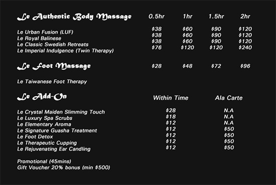 Le Spa Massage Price List - AspirantSG