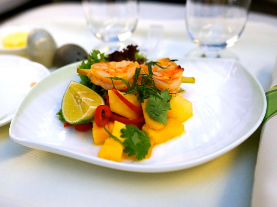EVA Air Royal Laurel Class Hors D'oeuvre - Grilled Lemongrass Prawn with Mango and Chili Salsa - AspirantSG