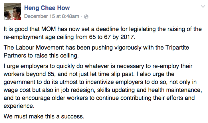 Heng Chee How Facebook Post On Raising Re-Employment Age - AspirantSG