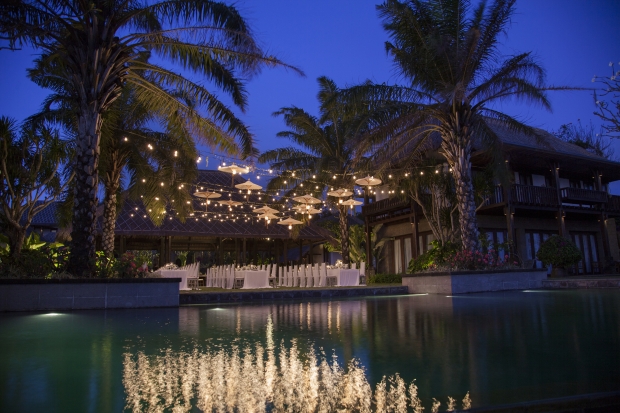 Wedding table set up at Villa Tirtha's garden
